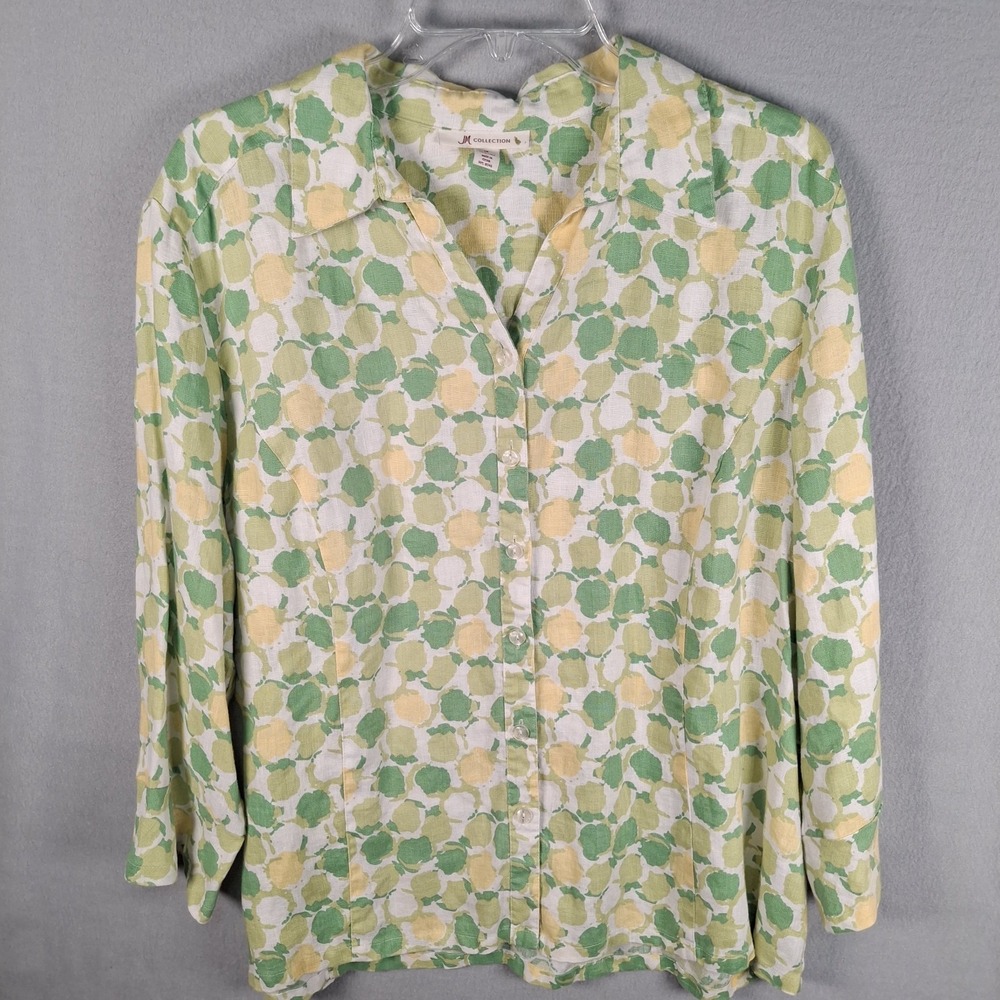 JM Collection Womens Size 18 Shirt Linen Top Blouse Green Floral 3/4 Sleeve